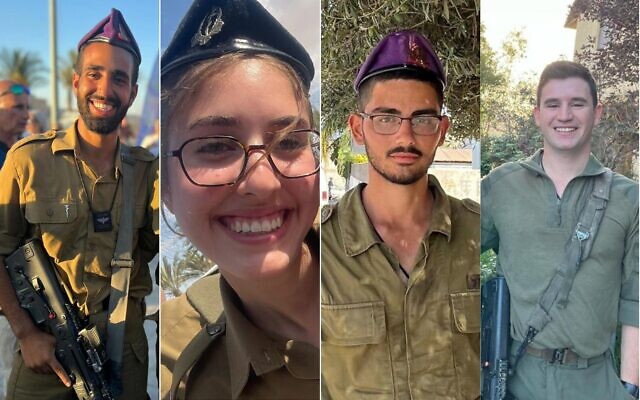 تظهر هذه الصورة المركبة (من اليسار إلى اليمين) الجنود الإسرائيليون الرقيب دوتان شمعون؛ والرقيب أغام نعيم؛ والرقيب عميت بكري؛ والنقيب دانييل ميمون تواف، الذين قُتلوا أثناء القتال في جنوب غزة في 17 سبتمبر، 2024. (Israel Defense Forces)